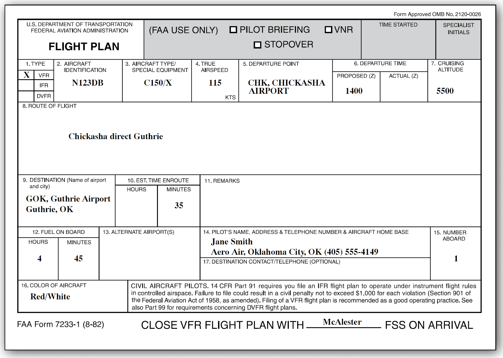 Domestic flight plan form Filing a VFR Flight Plan