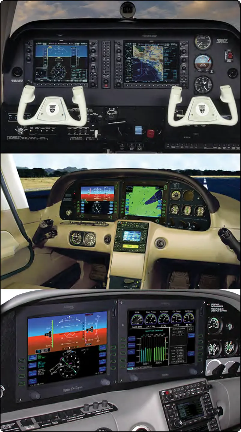 Examples of different platforms. Top to bottom are the Beechcraft Baron G58, Cirrus SR22, and Cirrus Entega