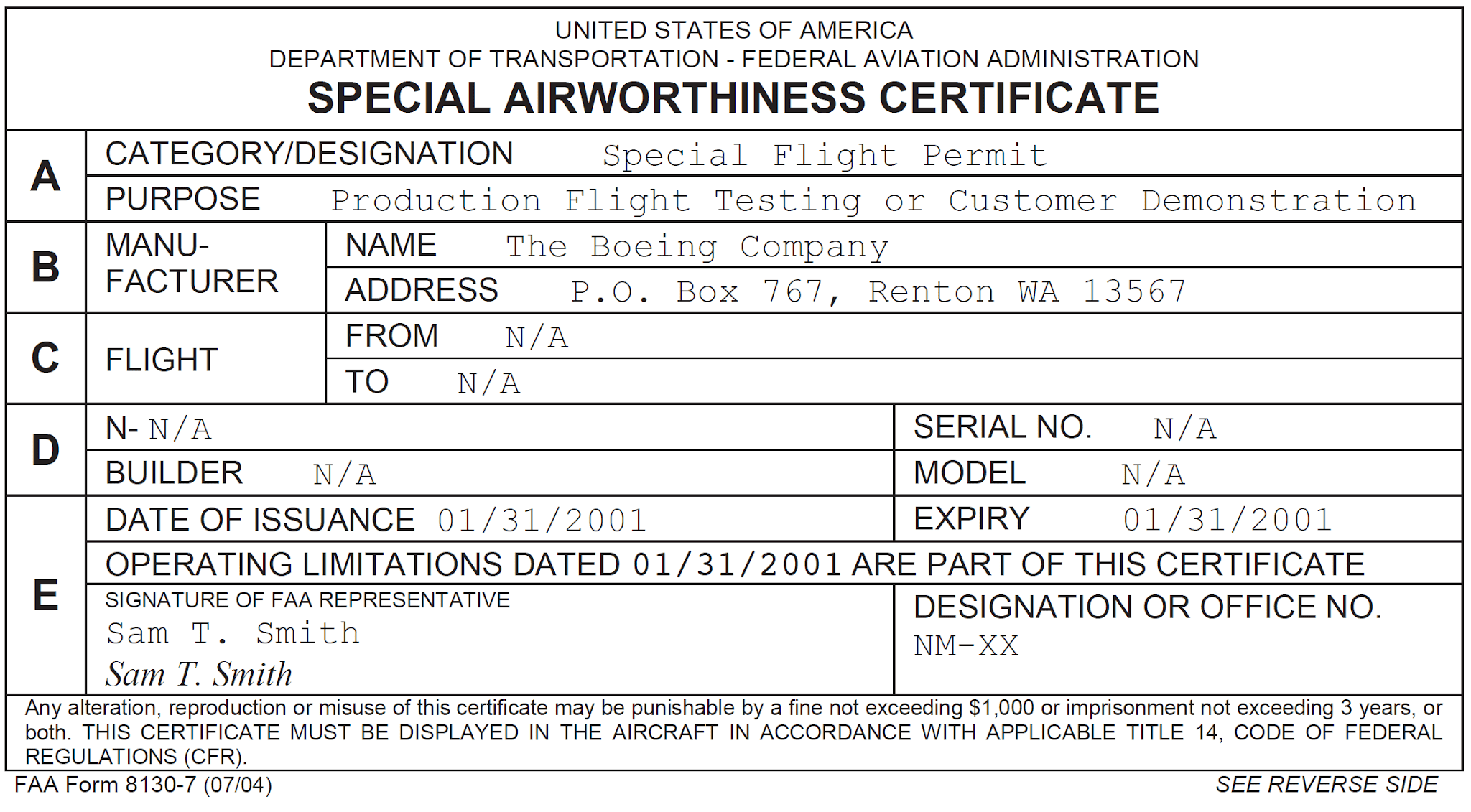 FAA Form 8130-7, Special Airworthiness Certificate Aircraft preventive maintenance documents